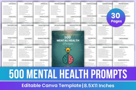 500 Mental Health Prompts Canva Template: A Flexible, Self-Directed Journaling Resource
